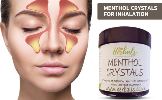 Image showing a jar of Herbals Menthol Crystals labelled for inhalation use. The foreground displays a graphic of sinus areas on a woman's face, highlighting blocked nasal passages. The product is cruelty-free with no animal or chemical additives, as stated on the label.