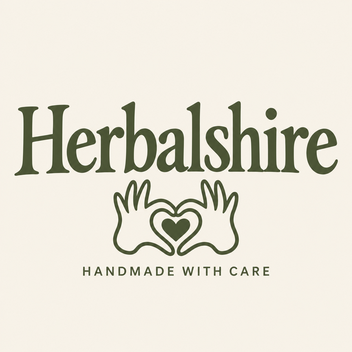 A square graphic with the word 'Herbalshire' in large dark green serif letters above an icon of two hands forming a heart, with the phrase 'HANDMADE WITH CARE' below on a light cream background.
