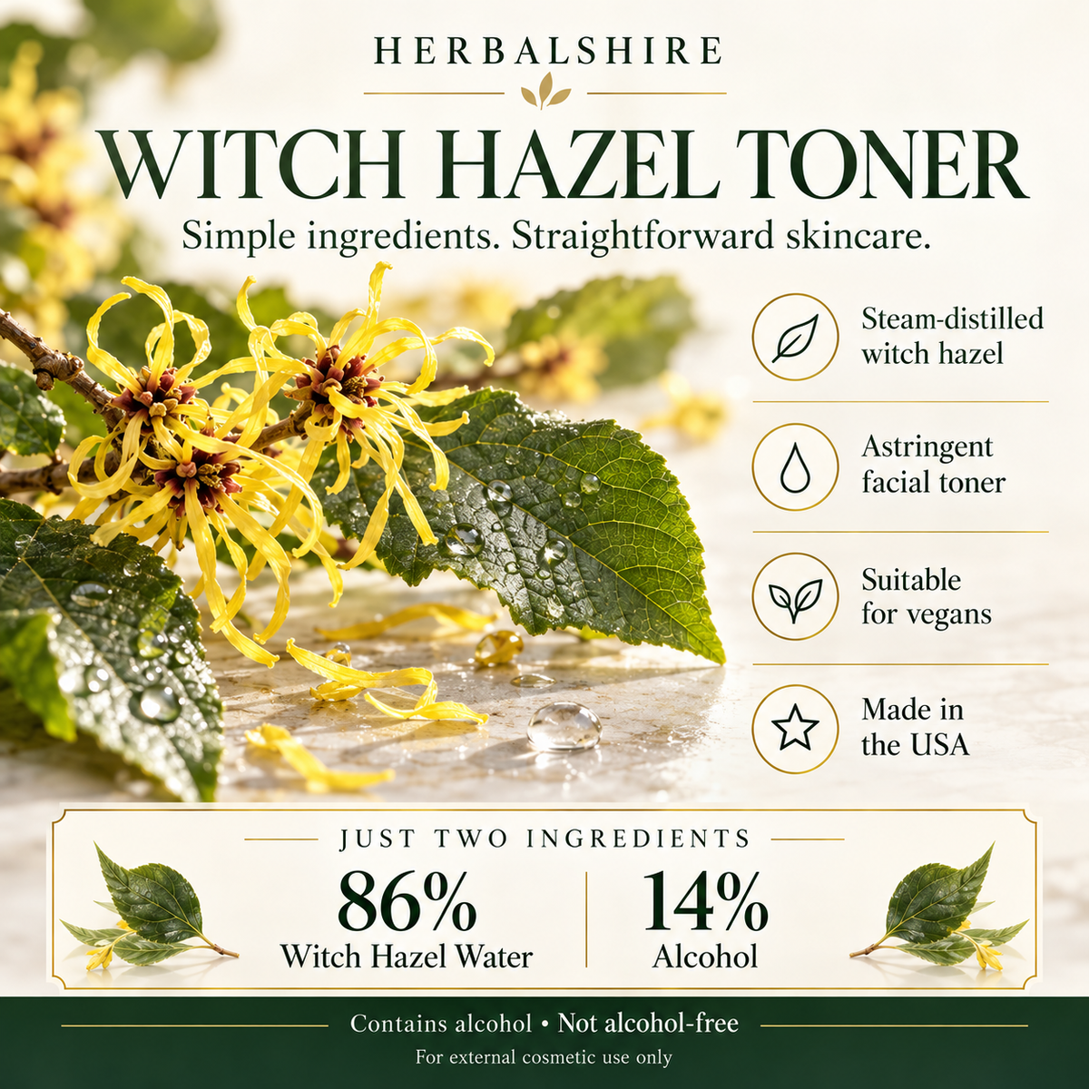 Witch Hazel Toner Astringent Face Skin Care 14% Alcohol Vegan Herbalshire