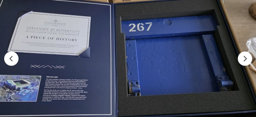 Official Everton FC Goodison Park Wooden Seat – Authentic Stadium Memorabilia (Includes Limited Edition Coaster Set & Bottle Opener)