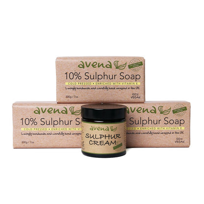 Sulphur Soap 3 Pack x 200g & Sulphur Cream set - Enriched with Vitamin E, Suita