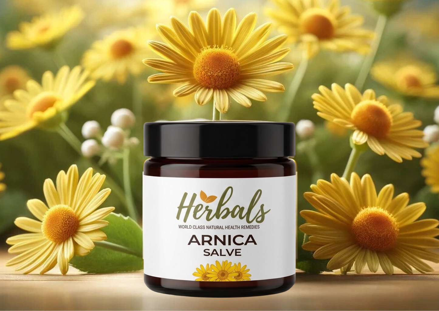 A jar of Herbals Arnica Salve centered in front of a blurred background of yellow daisies and green foliage. The jar is amber brown with a black lid and a white label featuring the brand name 'Herbals' and the product name 'ARNICA SALVE'.