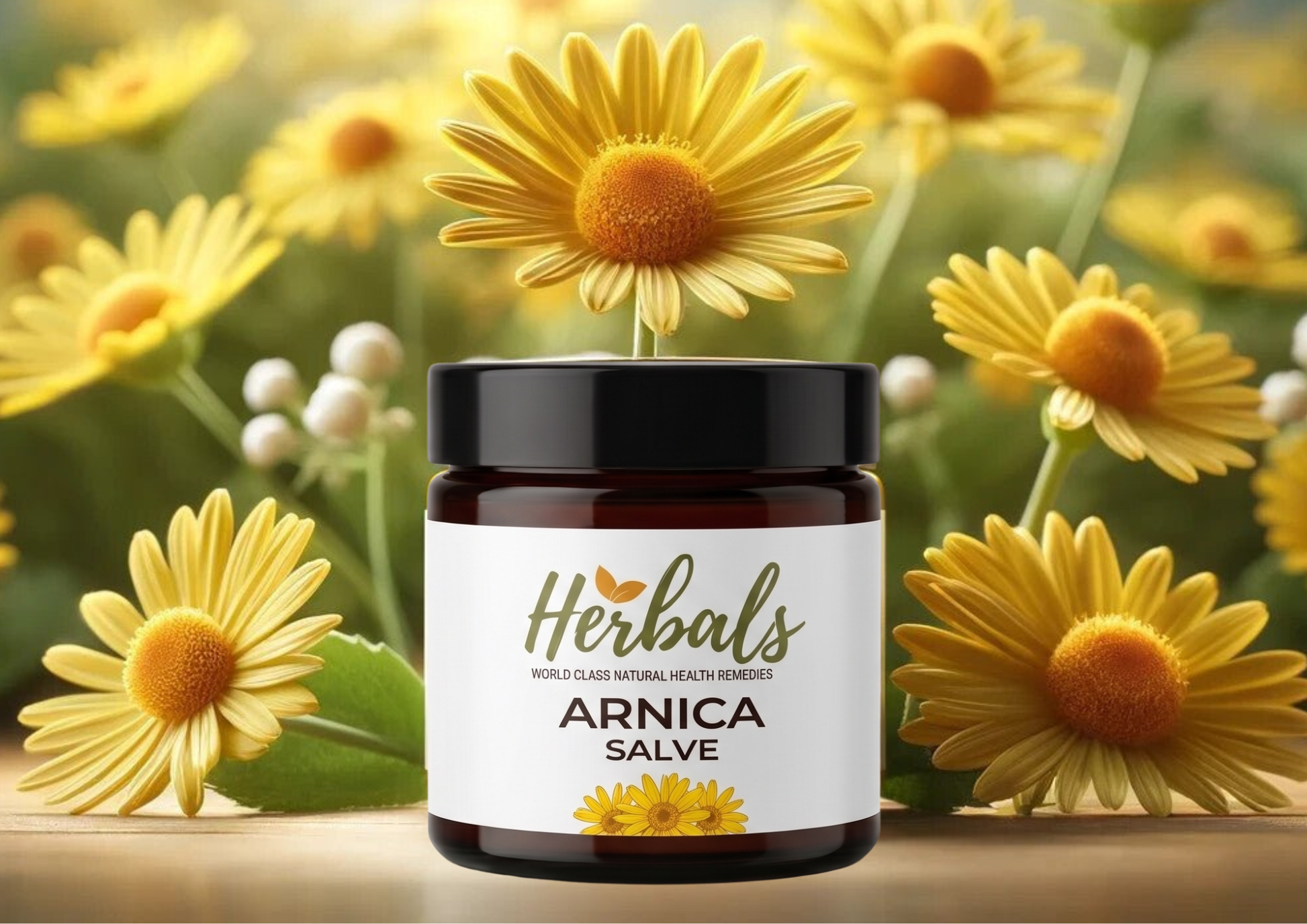 A jar of Herbals Arnica Salve centered in front of a blurred background of yellow daisies and green foliage. The jar is amber brown with a black lid and a white label featuring the brand name 'Herbals' and the product name 'ARNICA SALVE'.