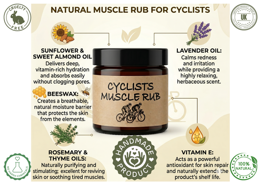Cyclists Muscle Rub packaging with ingredients and benefits on a white background