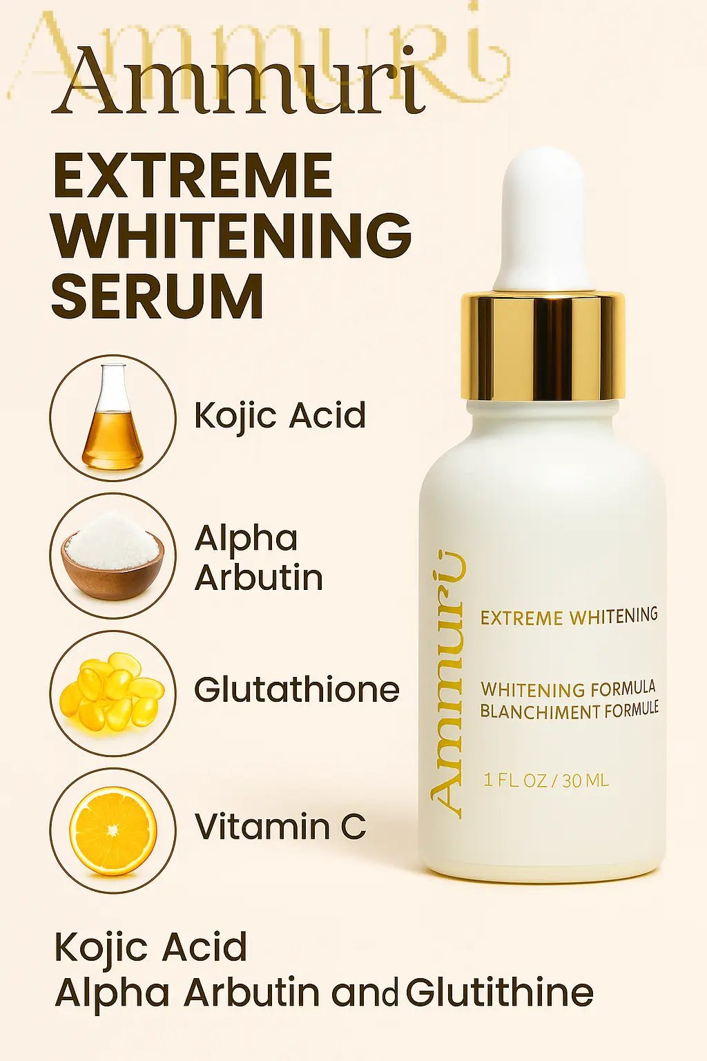 Ammuri Premium Whitening & Brightening Serum 30ml – Kojic Acid, Tranexamic Acid, Alpha Arbutin, Vitamin C & Hyaluronic Acid | Dark Spot Corrector & Hyperpigmentation Treatment – Korean Face Serum - Herbalshire Handmade Herbal Products