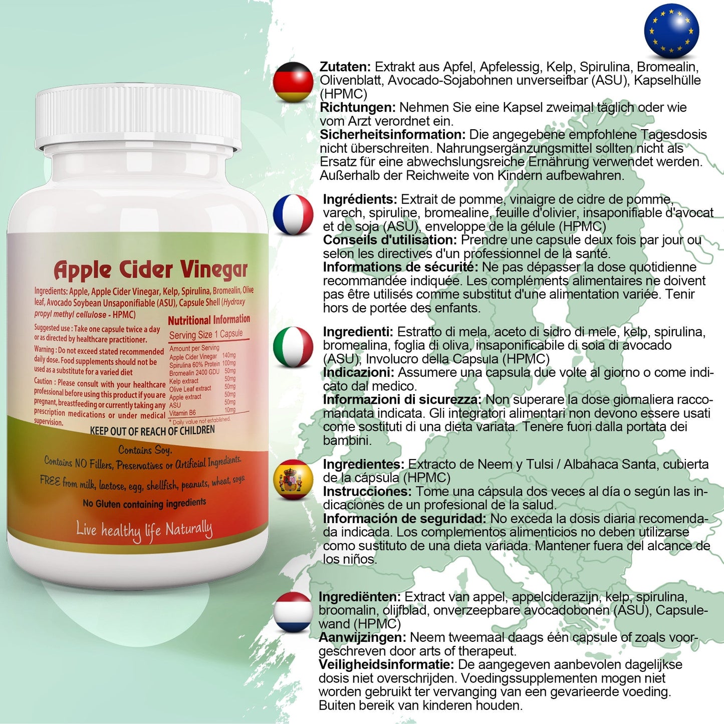 Apple Cider Vinegar Capsule with Kelp, Spirulina, Bromelain, Olive Leaf - Herbalshire Handmade Herbal Products