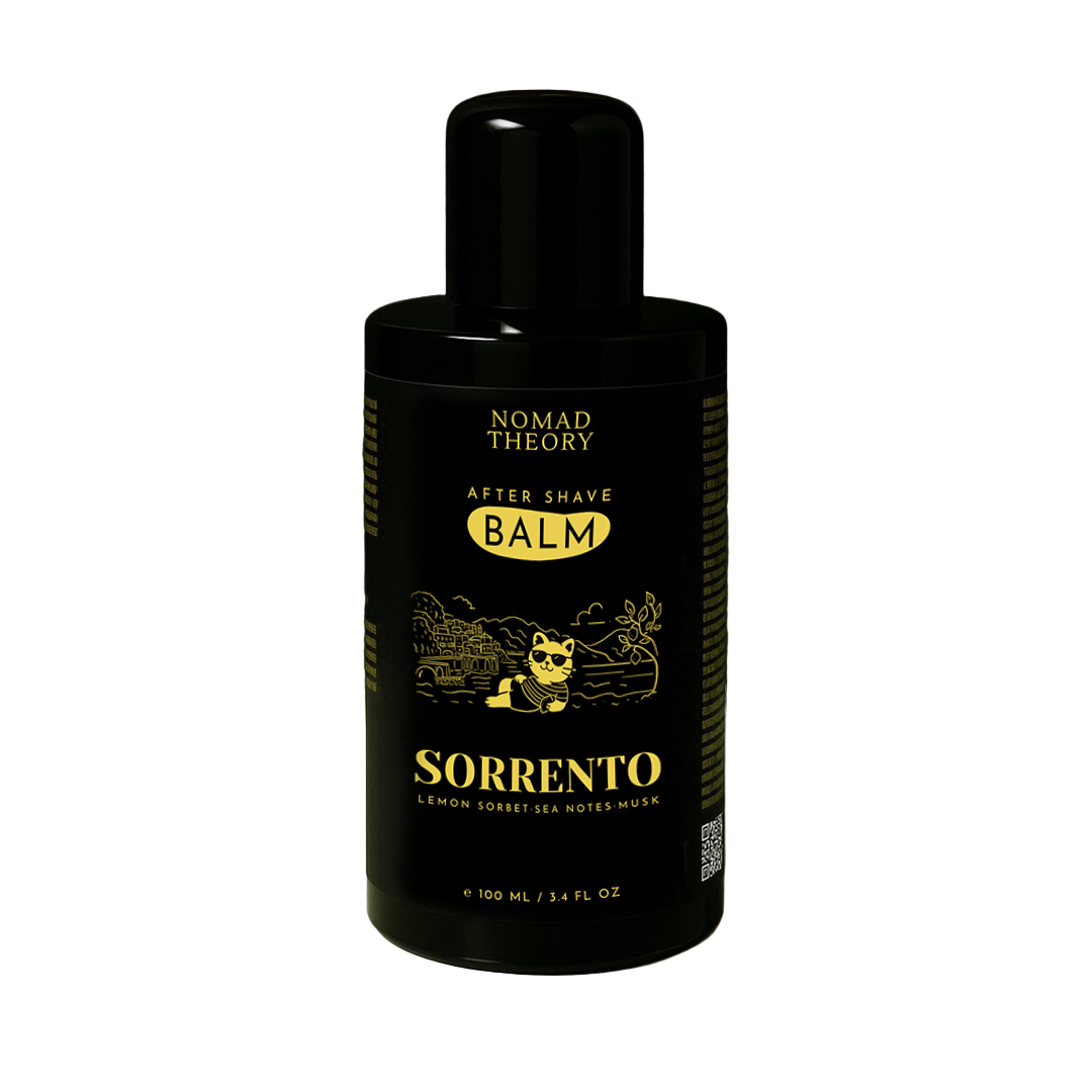 Black bottle of Nomad Theory Sorrento after shave balm on a white background