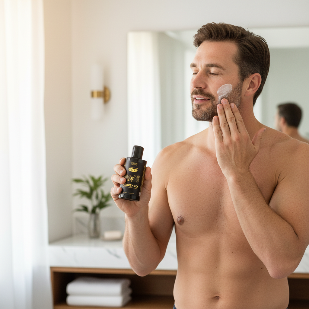 Man applying a product to his face in a bathroom setting