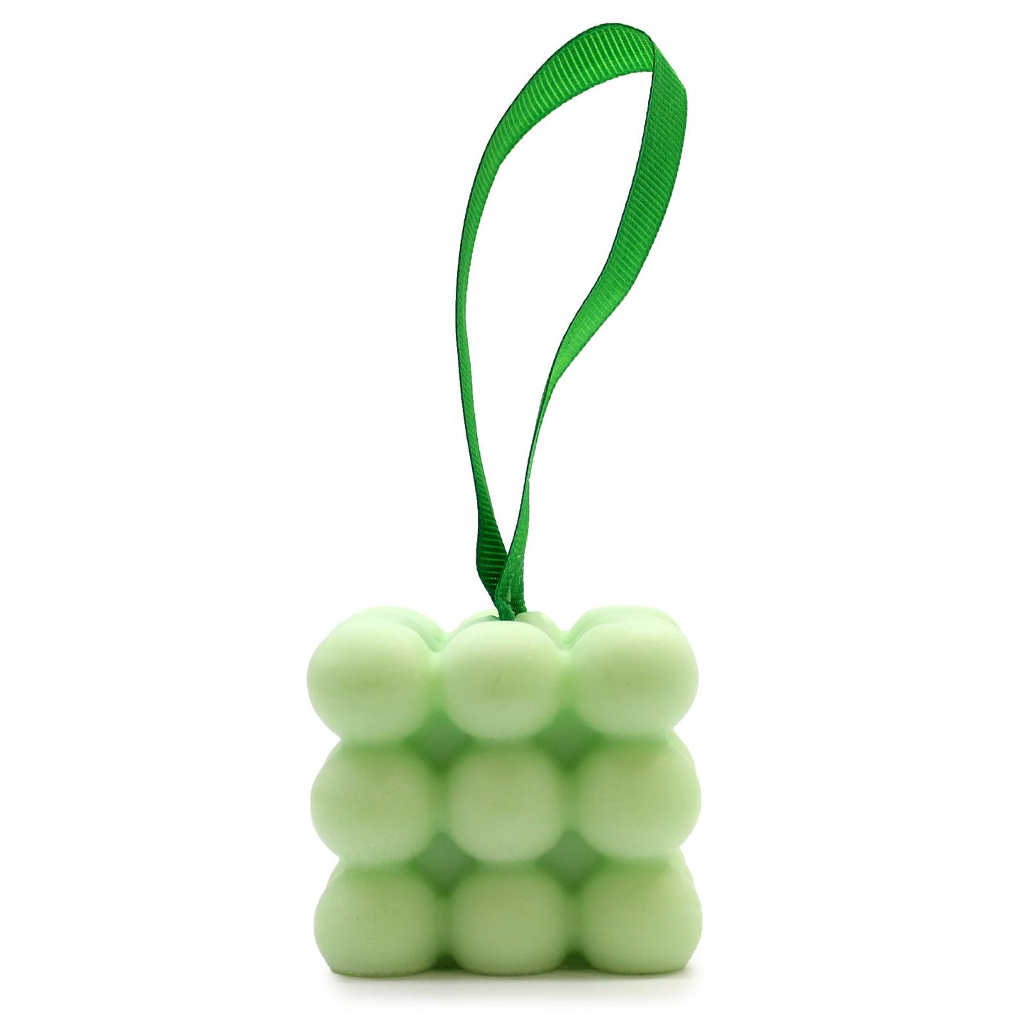 Green cube-shaped stress ball with a green strap on a white background