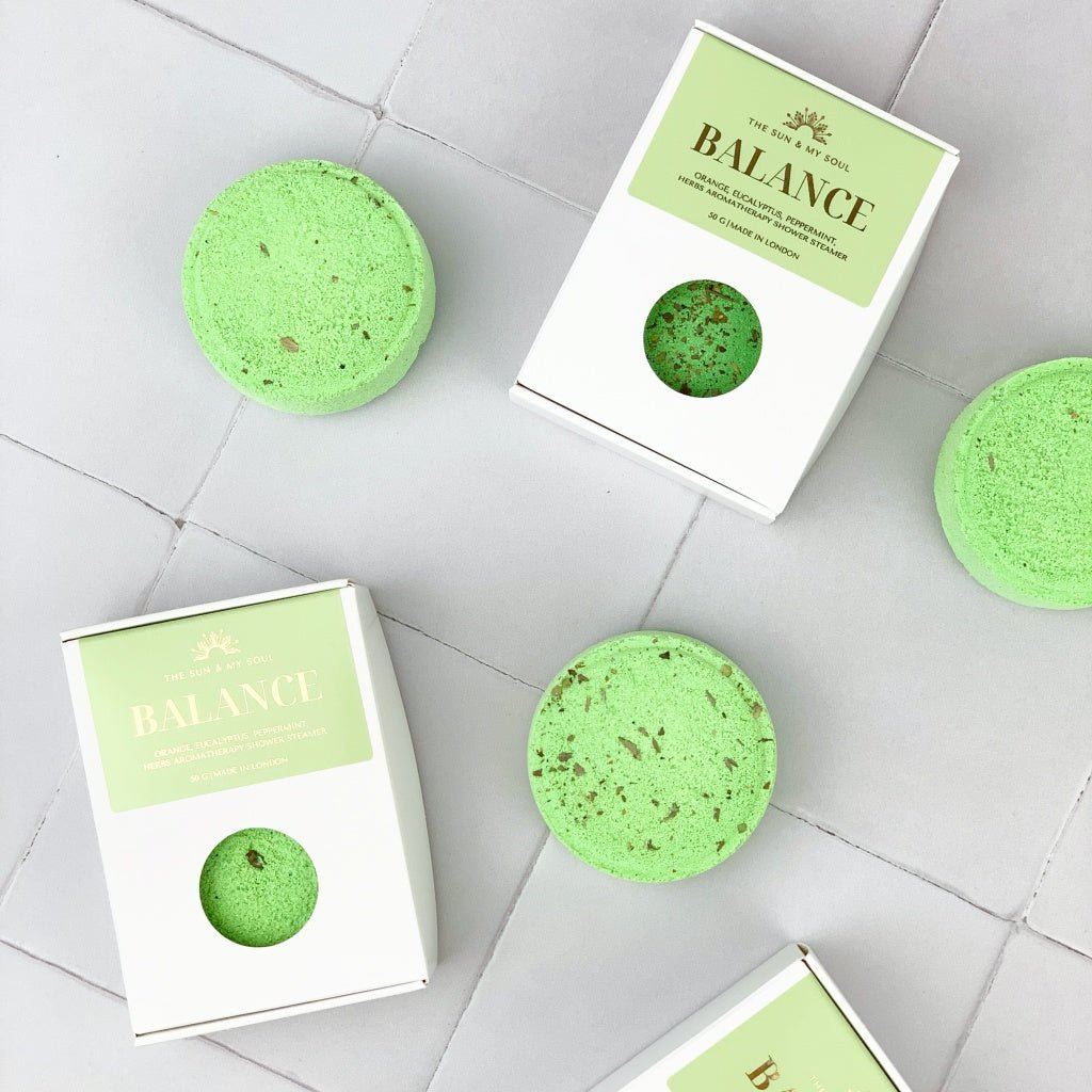Balance Aromatherapy Shower Steamer in Box - Orange, Eucalyptus, Peppermint, Herbs - Herbalshire Handmade Herbal Products