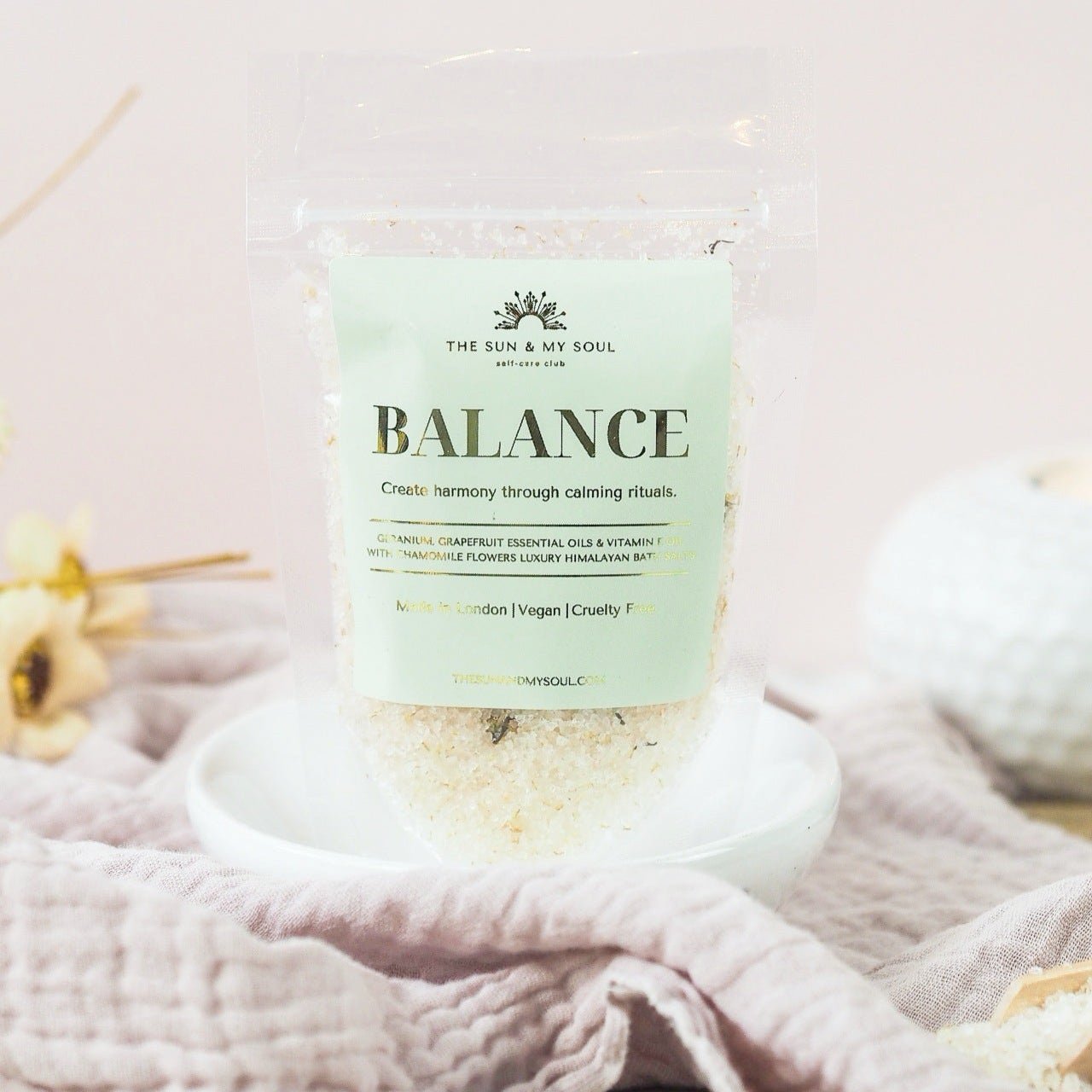 Balance Luxury Himalayan Bath Salts with Geranium, Grapefruit Essential Oils Vitamin E Oil Chamomile Flowers - Herbalshire Handmade Herbal Products