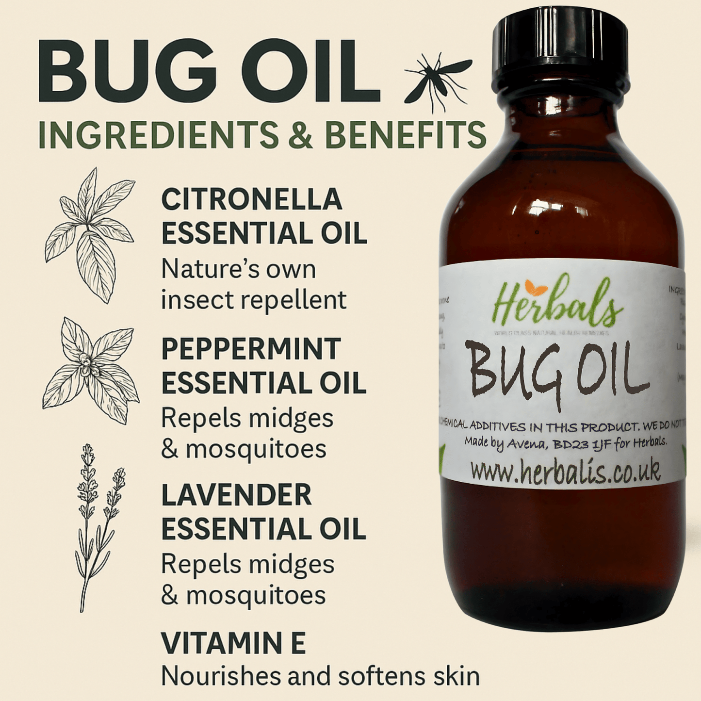 Bug Oil Natural Insect Repellent Citronella Peppermint Lavender Vegan & Handmade - Herbalshire Handmade Herbal Products