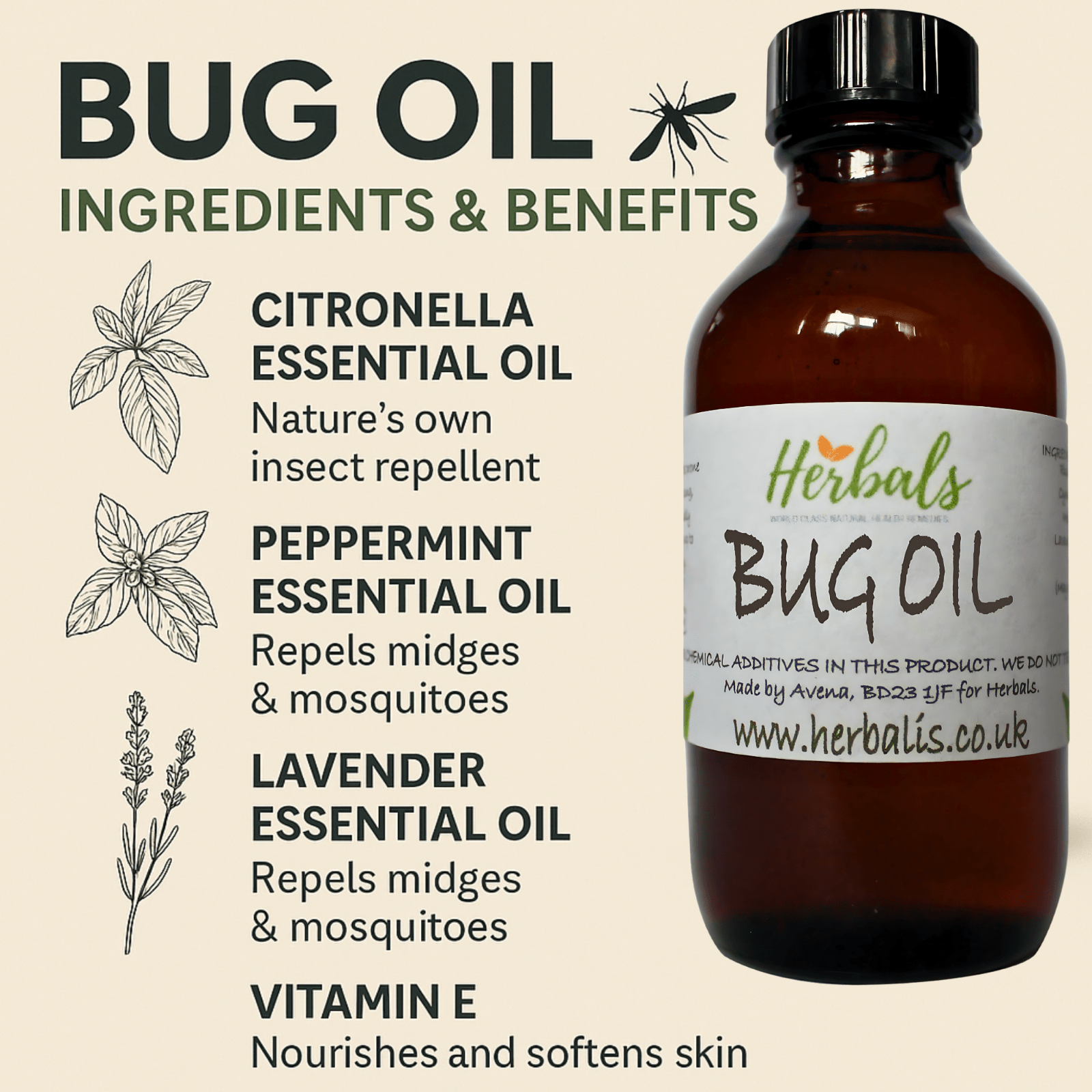 Bug Oil Natural Insect Repellent Citronella Peppermint Lavender Vegan & Handmade - Herbalshire Handmade Herbal Products