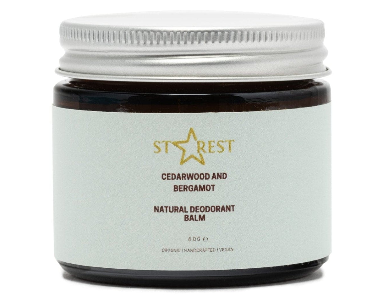 Jar of natural deodorant balm with 'Star Rest' branding on a white background