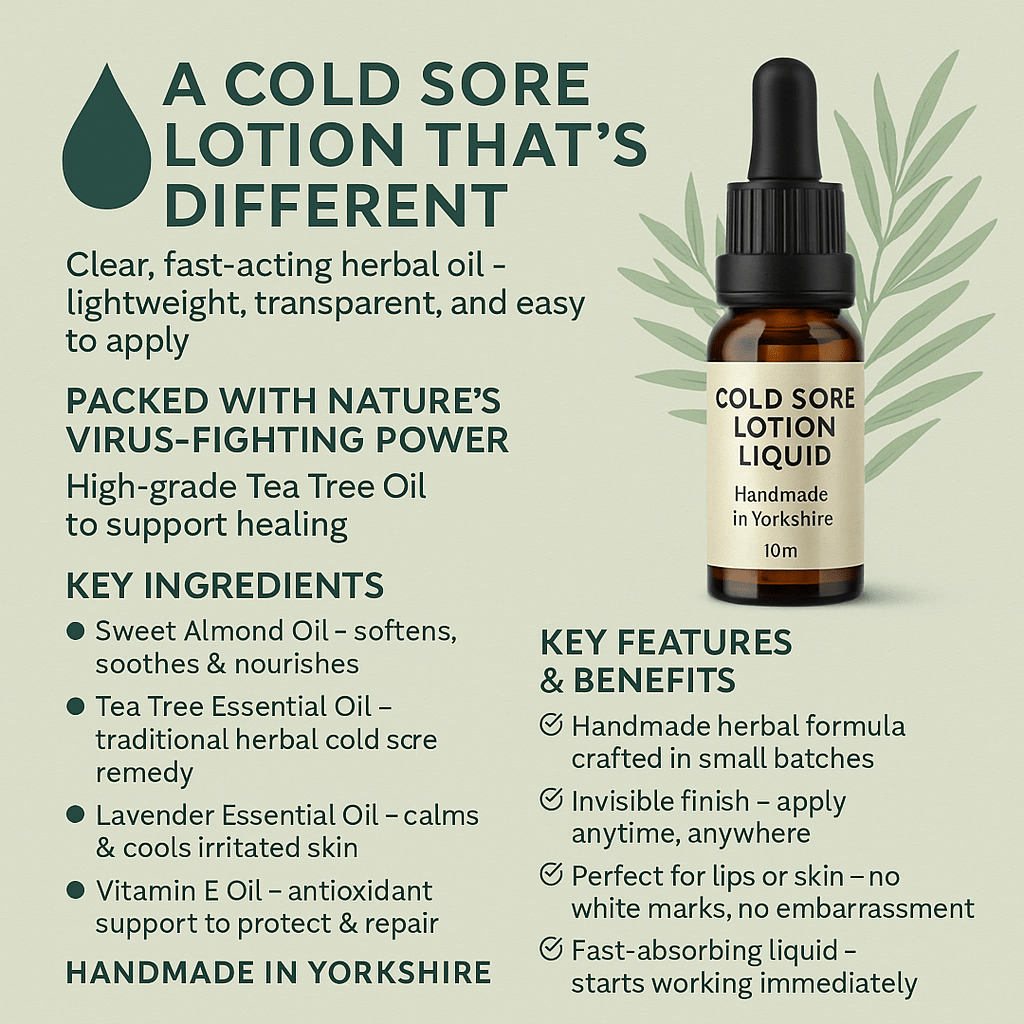 Cold Sore Lotion Liquid 10ml / 30ml Natural Herbal Oil with Tea Tree & Lavender - Herbalshire Handmade Herbal Products