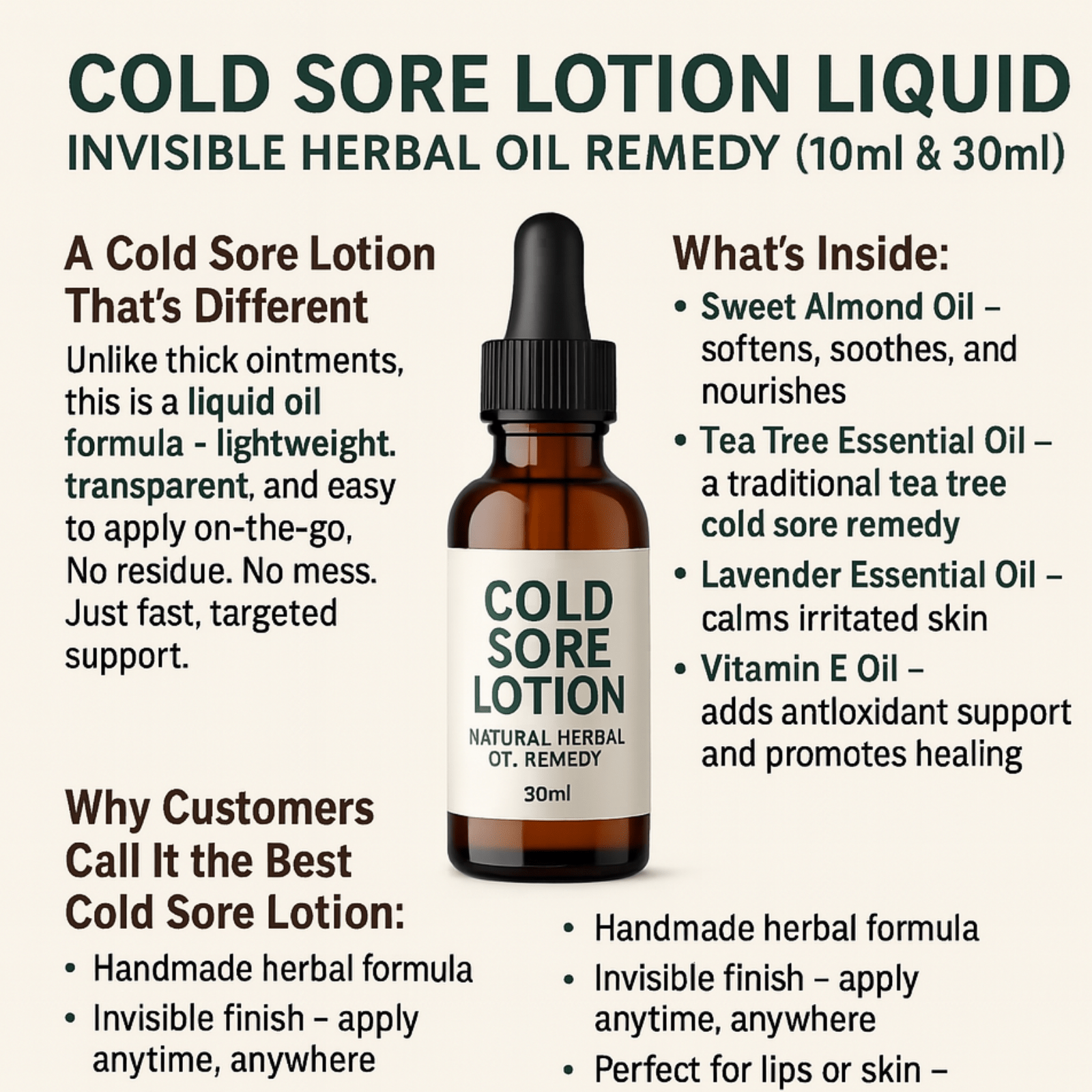 Cold Sore Relief Oil 10ml Natural Lip Care with Tea Tree & Lavender UK Handmade - Herbalshire Handmade Herbal Products