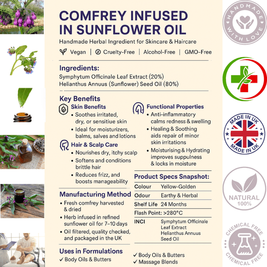 Comfrey Leaf Infused Oil – Handmade Herbal Remedy for Skin, Muscles & Joints | 100ml / 250ml / 500ml - Herbalshire Handmade Herbal Products
