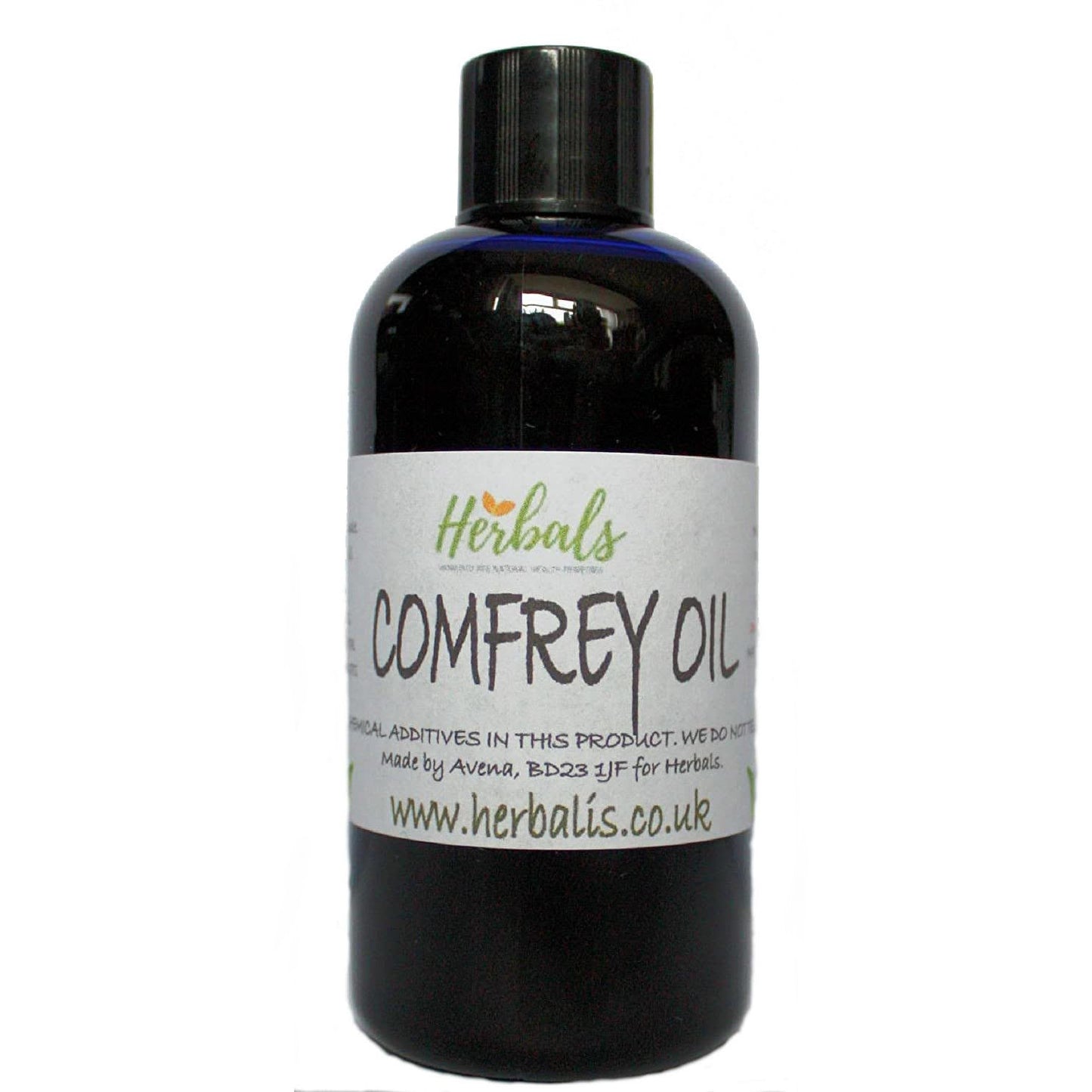  Close-up image of a Comfrey Oil bottle by Herbals, featuring the label with product details, website URL (www.herbals.co.uk), and the message 'No chemical additives in this product.' The black bottle is contrasted against a white label, emphasizing its natural and pure formulation.