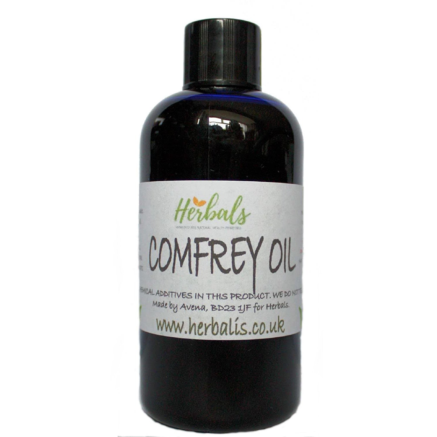  Close-up image of a Comfrey Oil bottle by Herbals, featuring the label with product details, website URL (www.herbals.co.uk), and the message 'No chemical additives in this product.' The black bottle is contrasted against a white label, emphasizing its natural and pure formulation.