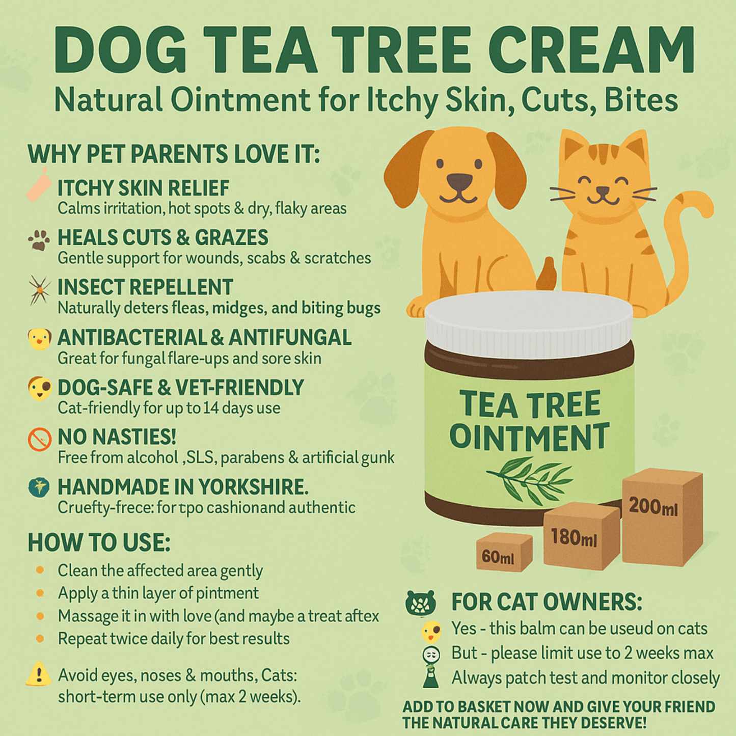 Dog & Cat Tea Tree Cream for Cracks Sores Antiseptic Relief Handmade Yorkshire - Herbalshire Handmade Herbal Products