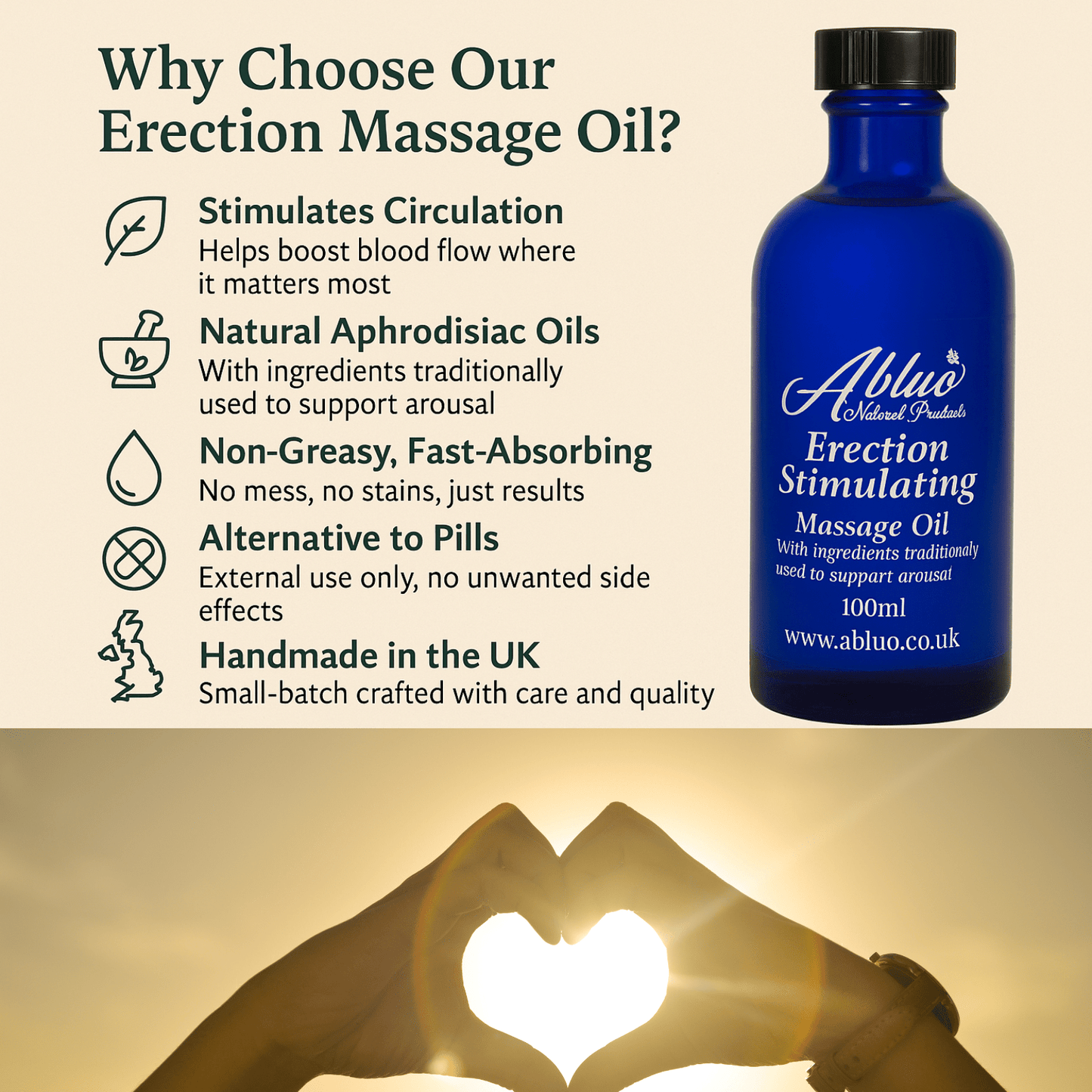 Erection Massage Oil – Natural Aphrodisiac Oil – Handmade Massage Oil UK – 100ml - Herbalshire Handmade Herbal Products