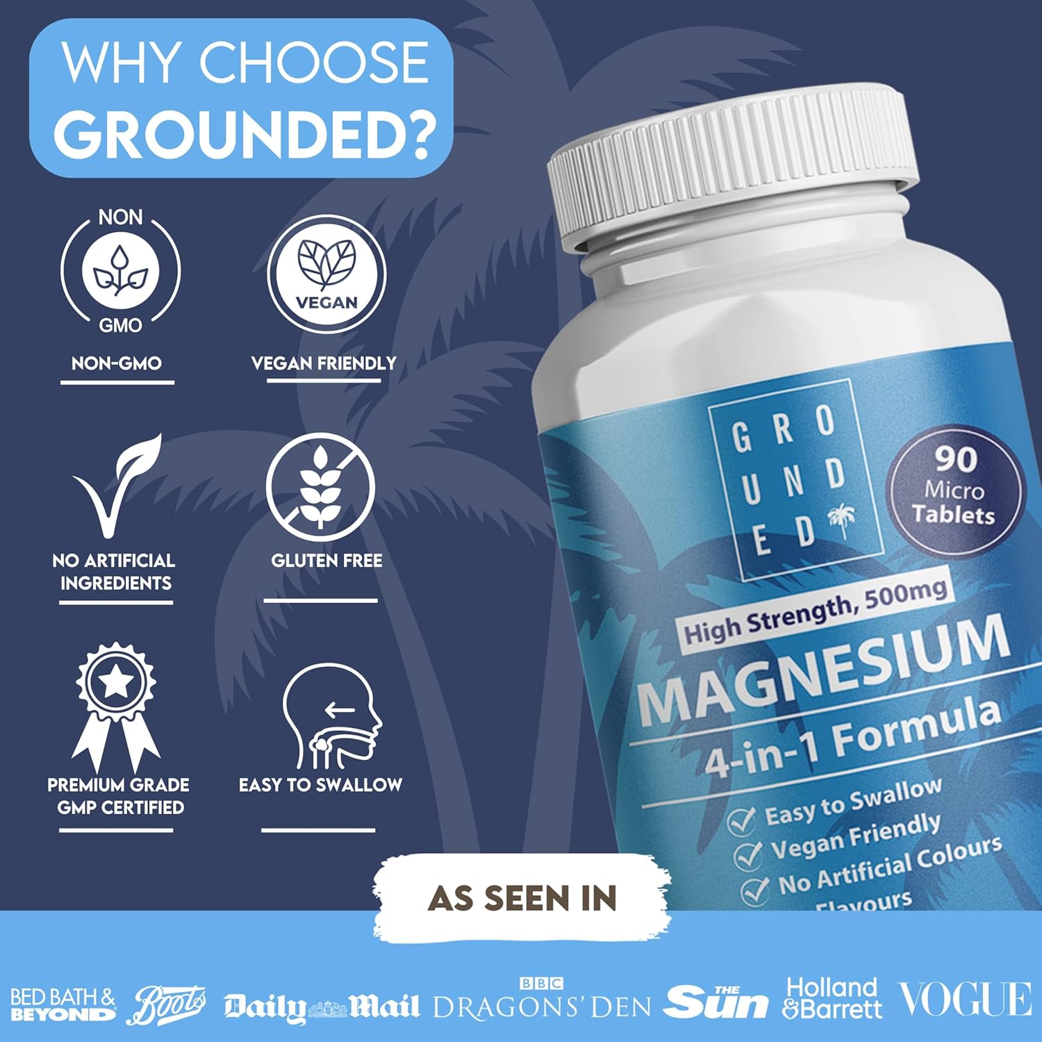 Grounded 4 - in - 1 Magnesium 500mg Tablets – Comprehensive Support for Mind & Body - Herbalshire Handmade Herbal Products