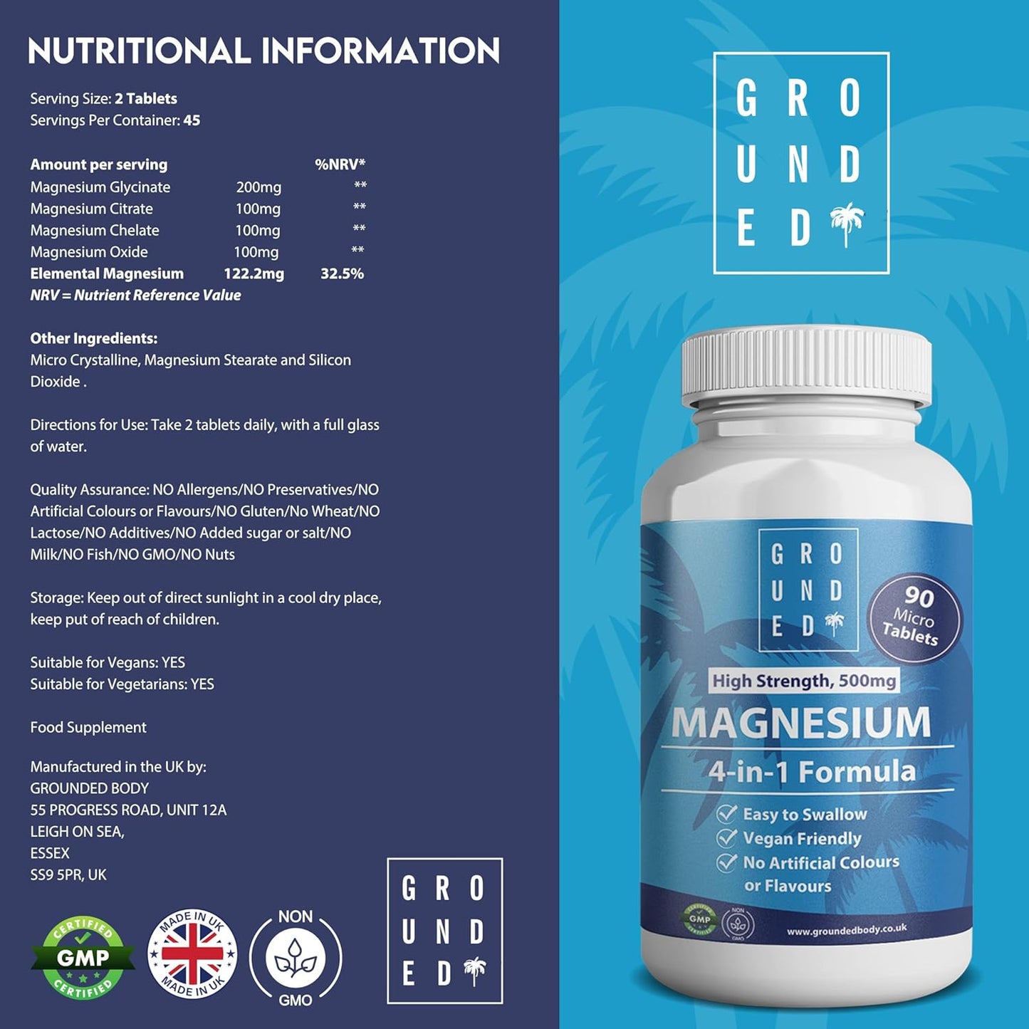 Grounded 4 - in - 1 Magnesium 500mg Tablets – Comprehensive Support for Mind & Body - Herbalshire Handmade Herbal Products