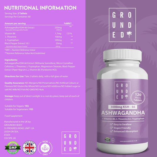 Grounded Ashwagandha High Strength 3000mg Tablets – 4 - in - 1 Stress & Mood Support - Herbalshire Handmade Herbal Products