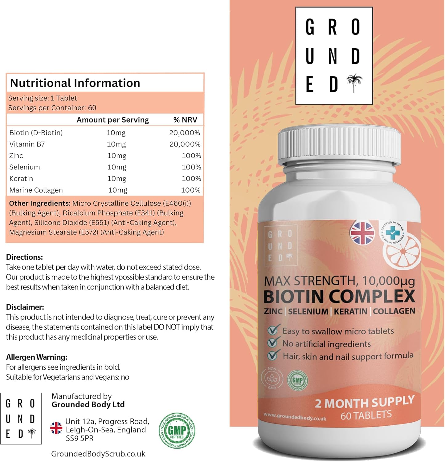 Grounded Biotin Hair Growth Complex 10,000mcg Tablets – Hair Strength, Thickness & Volume Support - Herbalshire Handmade Herbal Products