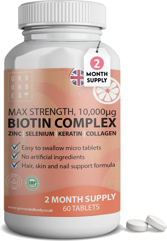 Grounded Biotin Hair Growth Complex 10,000mcg Tablets – Hair Strength, Thickness & Volume Support - Herbalshire Handmade Herbal Products