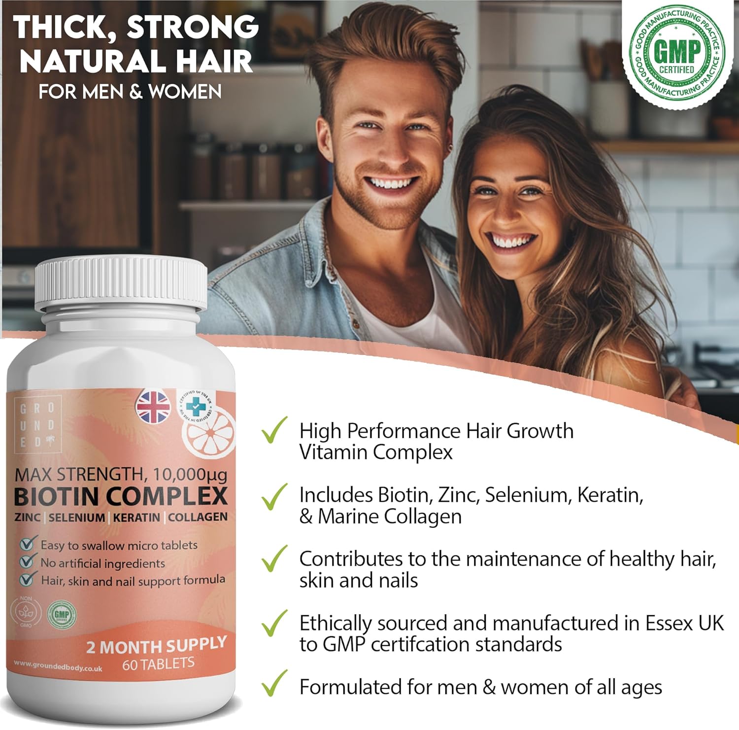 Grounded Biotin Hair Growth Complex 10,000mcg Tablets – Hair Strength, Thickness & Volume Support - Herbalshire Handmade Herbal Products