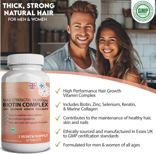 Grounded Biotin Hair Growth Complex 10,000mcg Tablets – Hair Strength, Thickness & Volume Support - Herbalshire Handmade Herbal Products