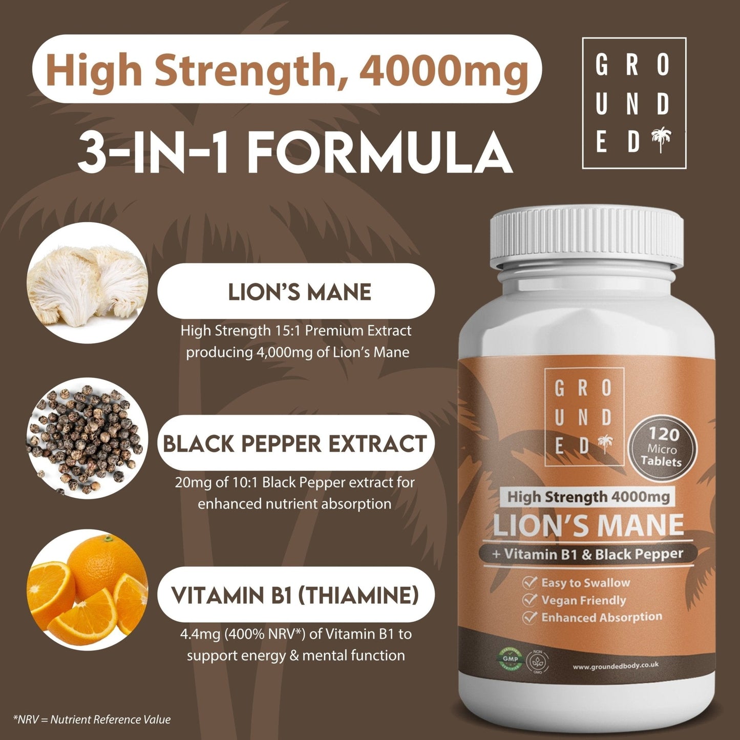 Grounded Lion’s Mane 4000mg Tablets – Natural Brain & Focus Support - Herbalshire Handmade Herbal Products