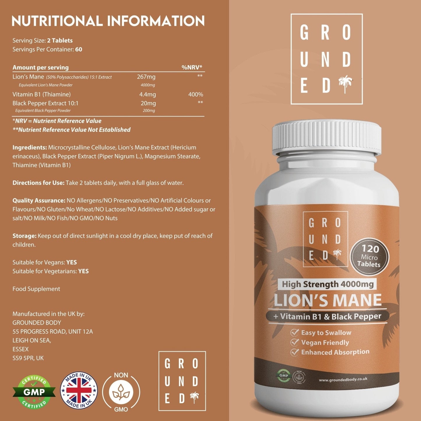 Grounded Lion’s Mane 4000mg Tablets – Natural Brain & Focus Support - Herbalshire Handmade Herbal Products