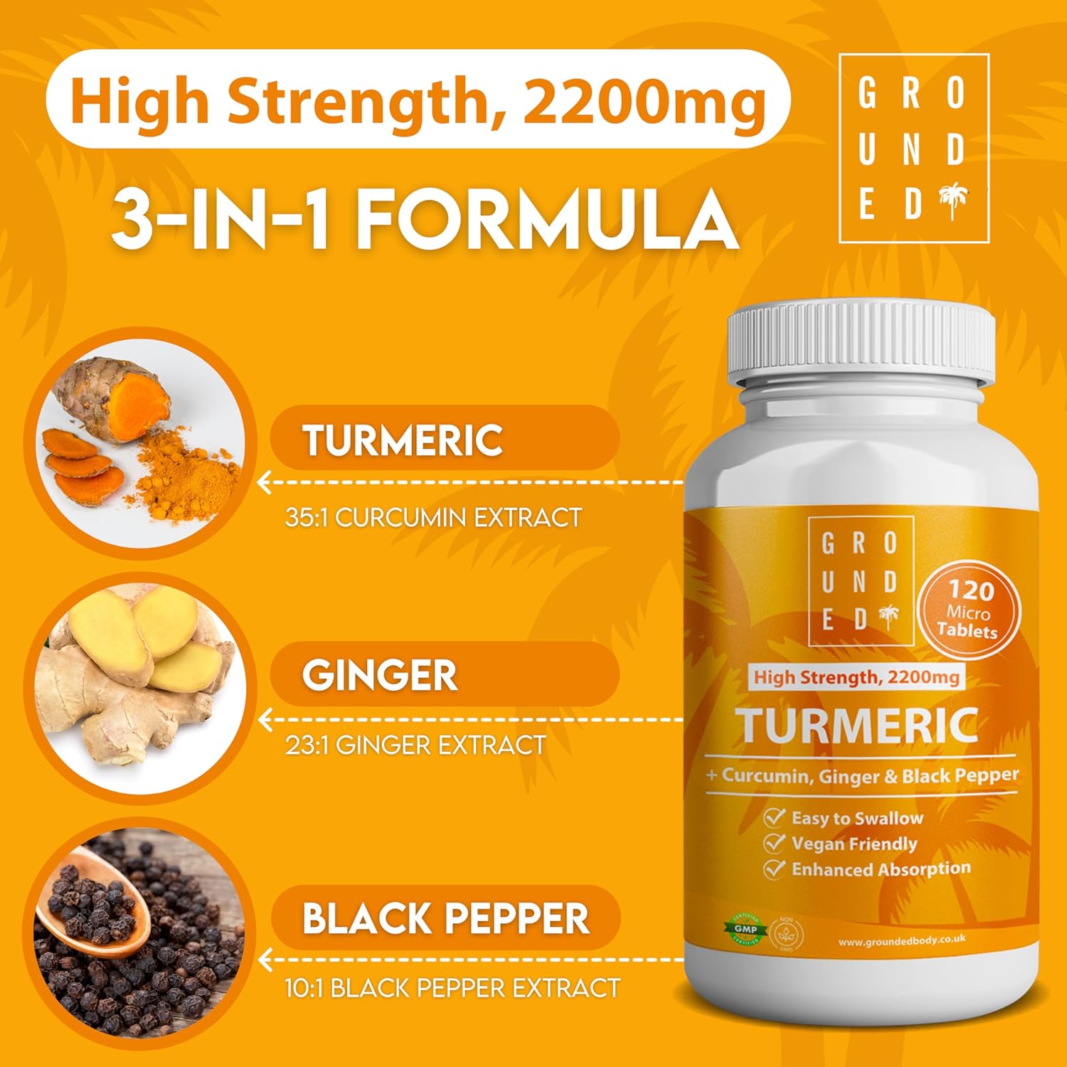 Grounded Turmeric, Black Pepper & Ginger Tablets – 2200mg of Natural Anti - Inflammatory Support - Herbalshire Handmade Herbal Products