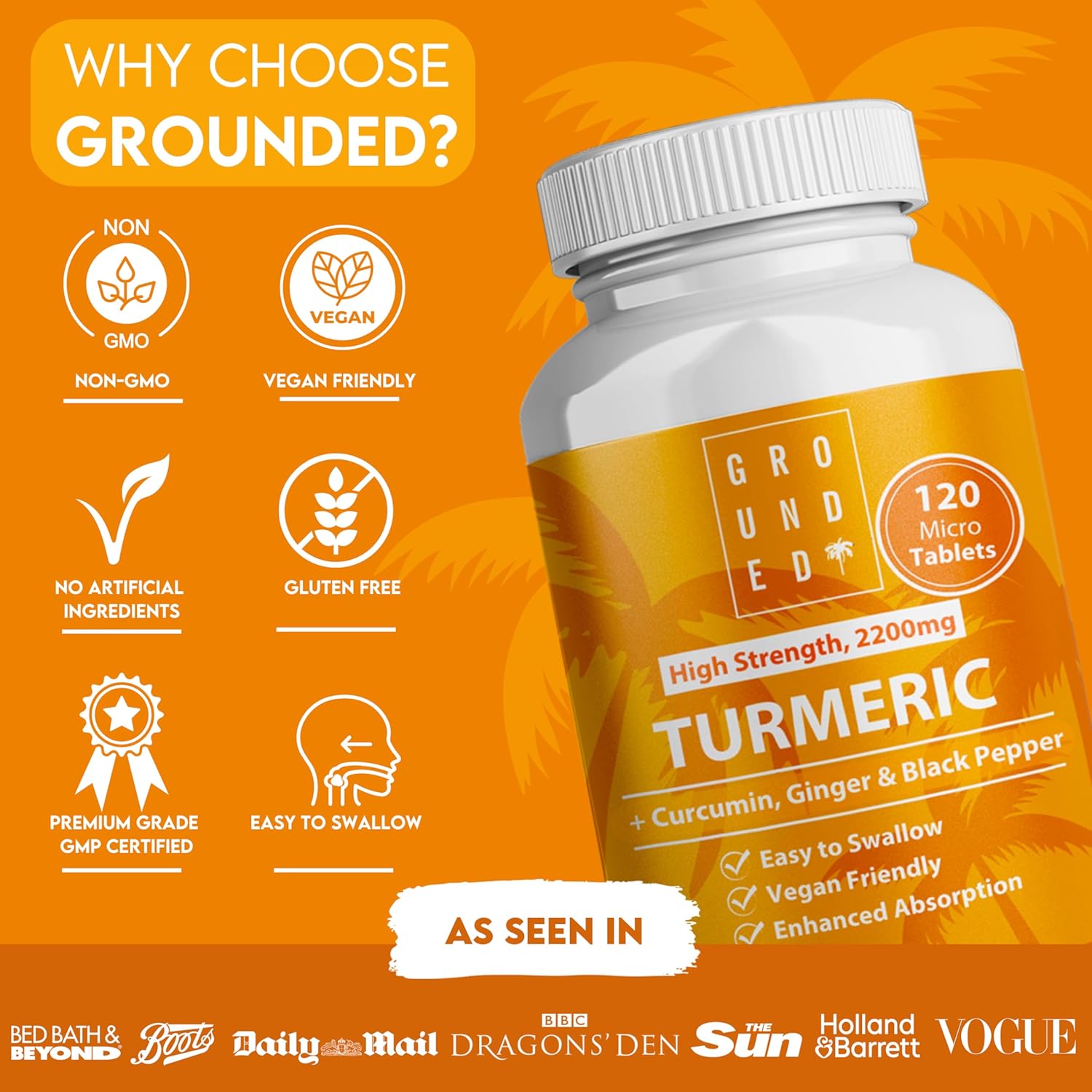 Grounded Turmeric, Black Pepper & Ginger Tablets – 2200mg of Natural Anti - Inflammatory Support - Herbalshire Handmade Herbal Products