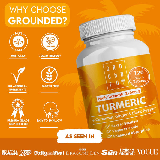 Grounded Turmeric, Black Pepper & Ginger Tablets – 2200mg of Natural Anti - Inflammatory Support - Herbalshire Handmade Herbal Products
