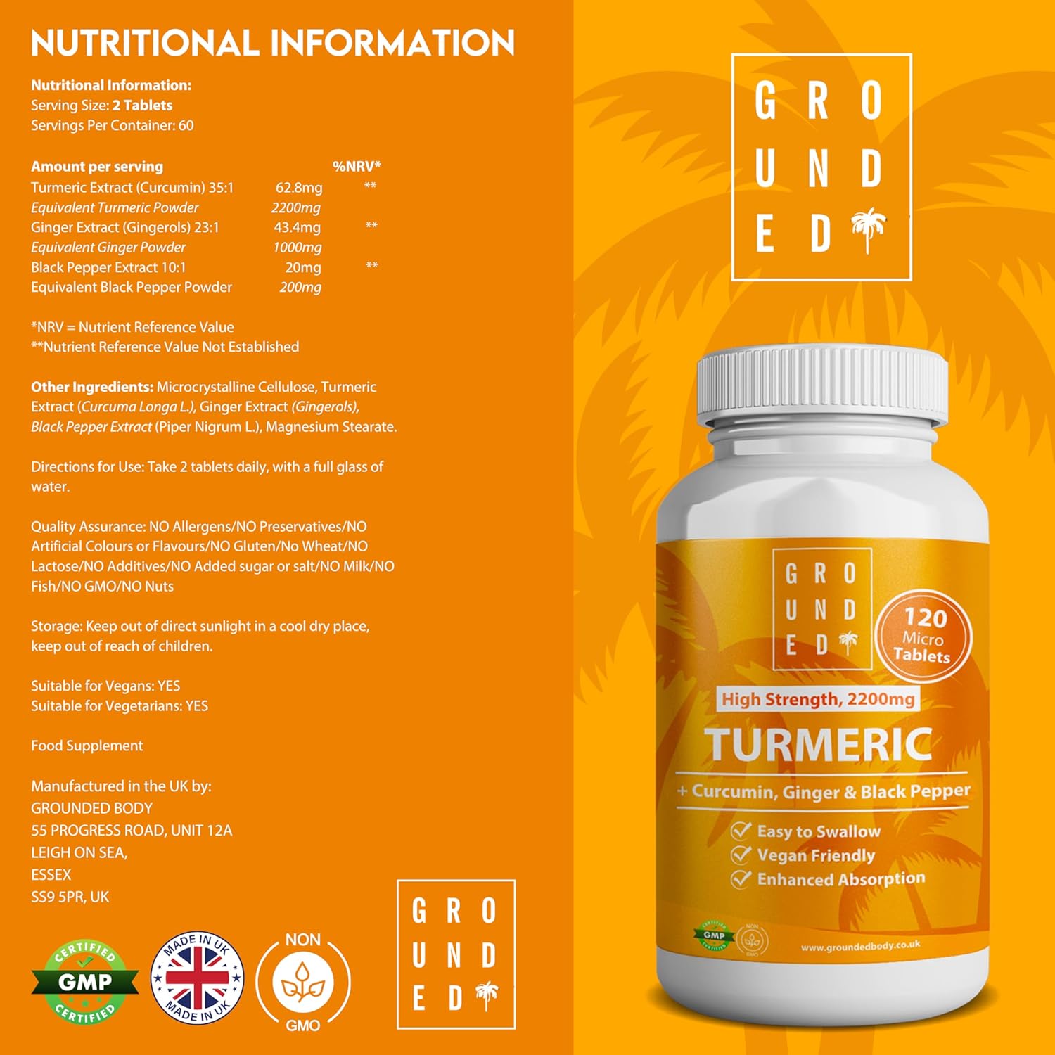 Grounded Turmeric, Black Pepper & Ginger Tablets – 2200mg of Natural Anti - Inflammatory Support - Herbalshire Handmade Herbal Products