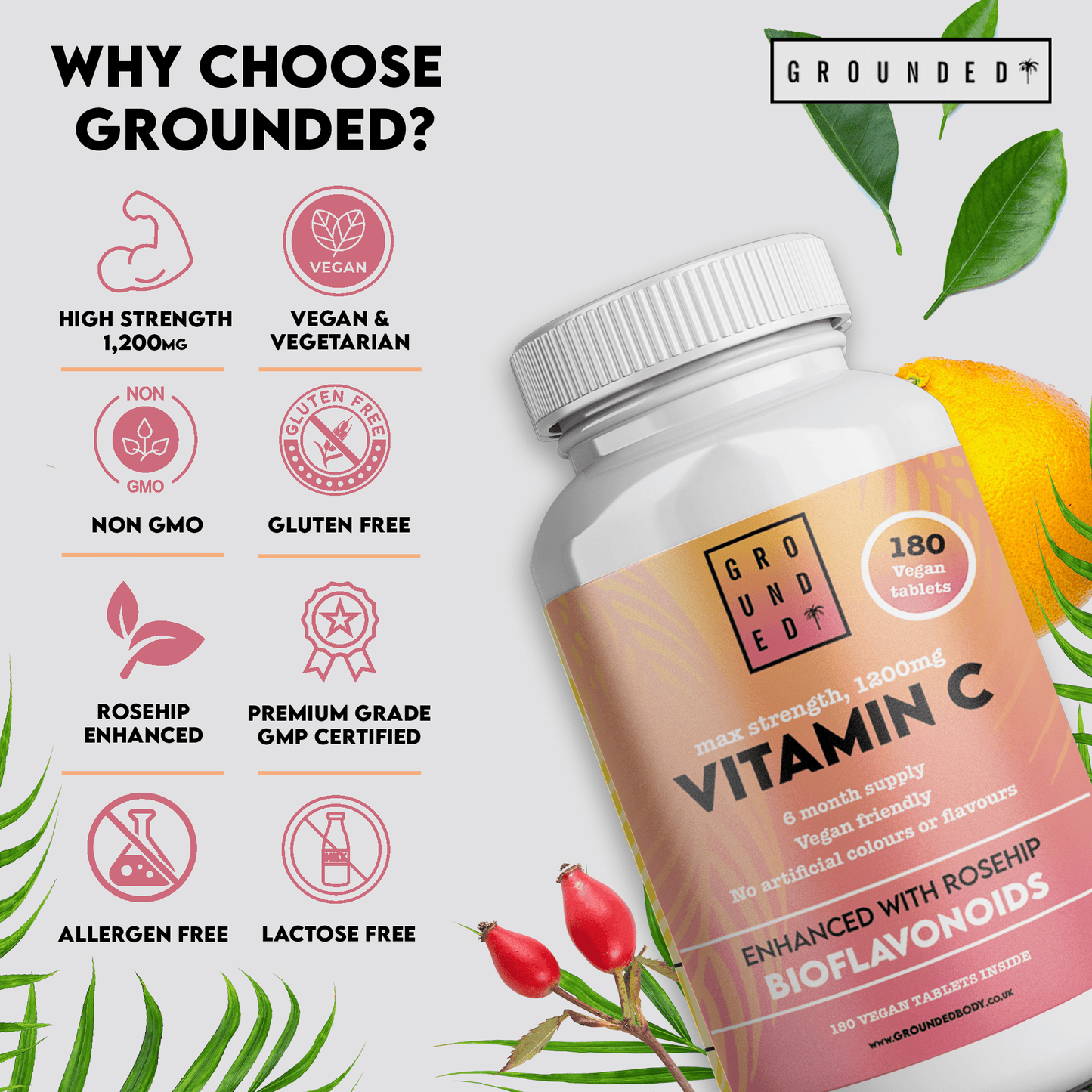 Grounded Vitamin C 500mg with Rosehip & Bioflavonoids – Daily Immune & Skin Support - Herbalshire Handmade Herbal Products