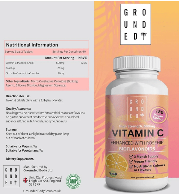 Grounded Vitamin C 500mg with Rosehip & Bioflavonoids – Daily Immune & Skin Support - Herbalshire Handmade Herbal Products