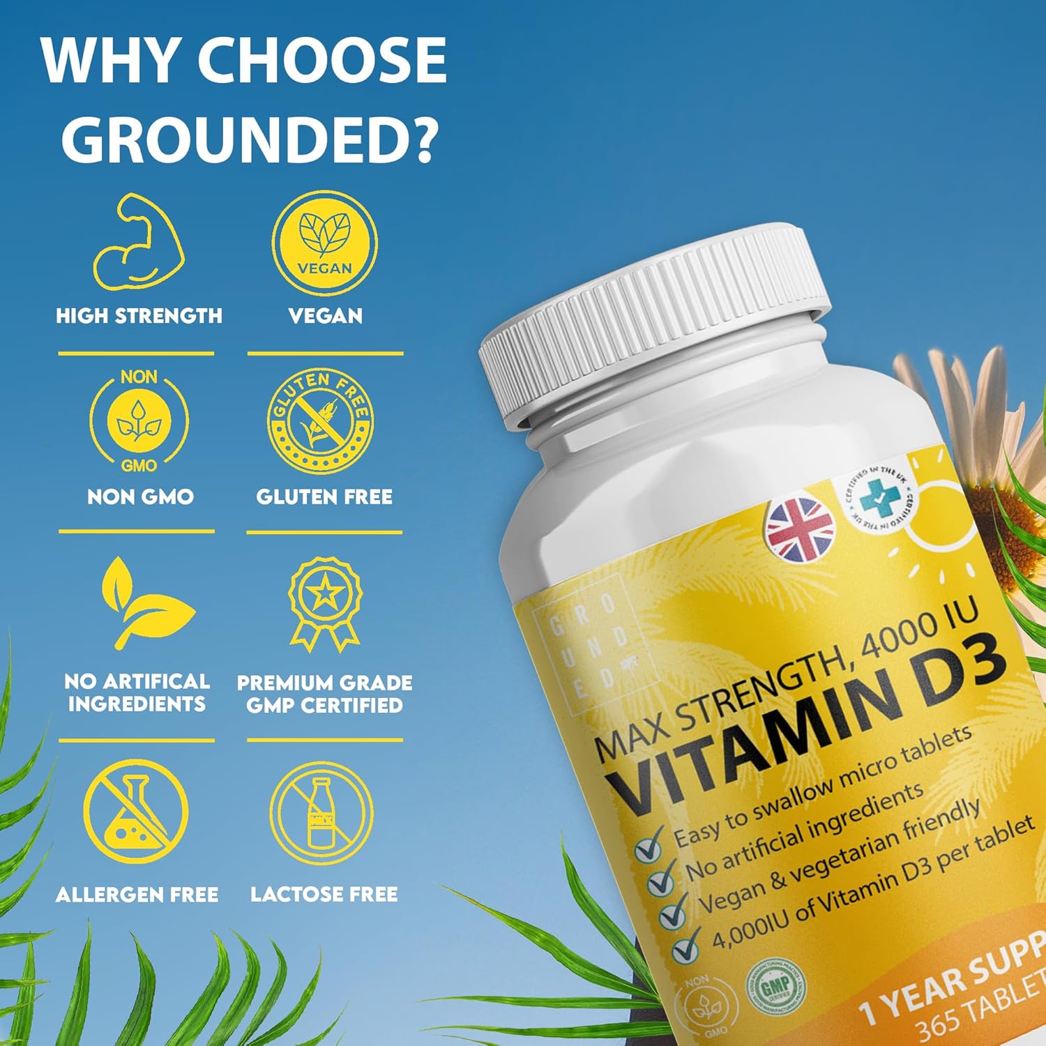 Grounded Vitamin D3 4000 IU – 365 Tablets - Herbalshire Handmade Herbal Products