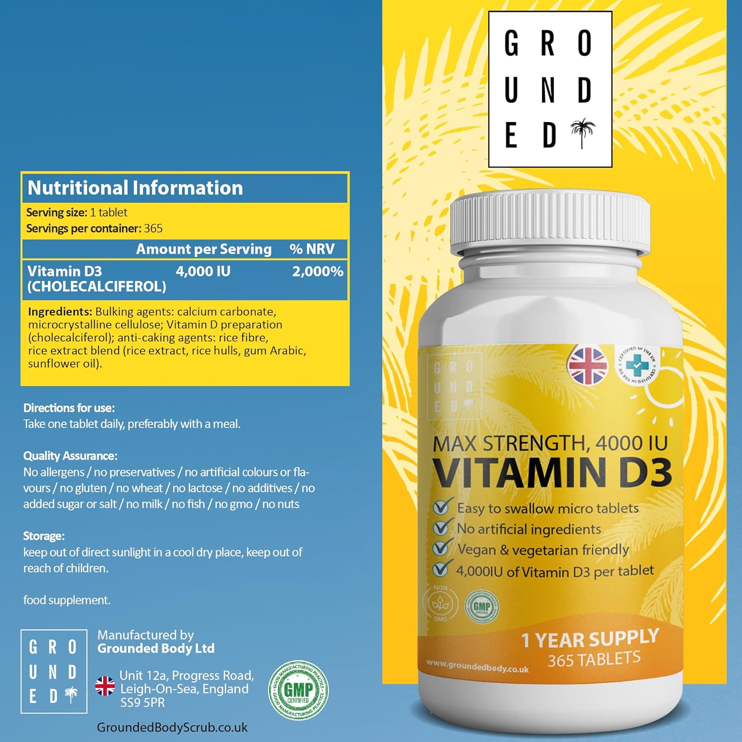 Grounded Vitamin D3 4000 IU – 365 Tablets - Herbalshire Handmade Herbal Products
