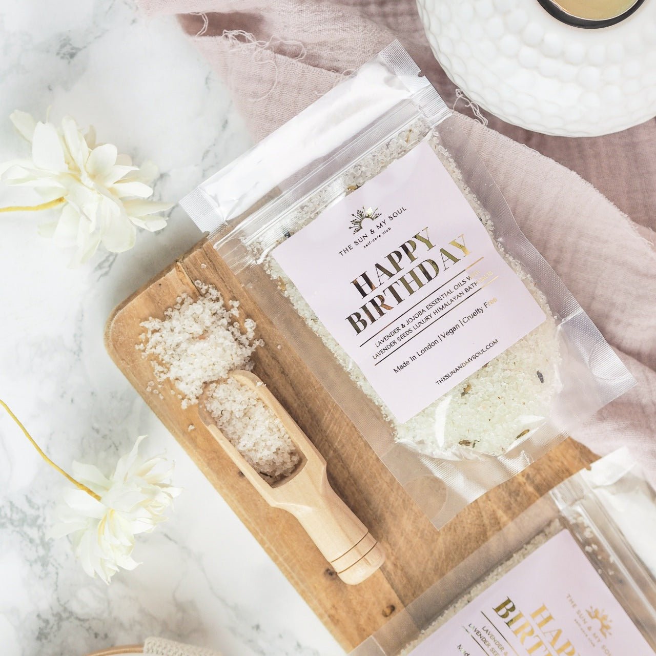 Happy Birthday Luxury Himalayan Bath Salts with Lavender, Jojoba Essential Oils with Lavender Seeds - Herbalshire Handmade Herbal Products
