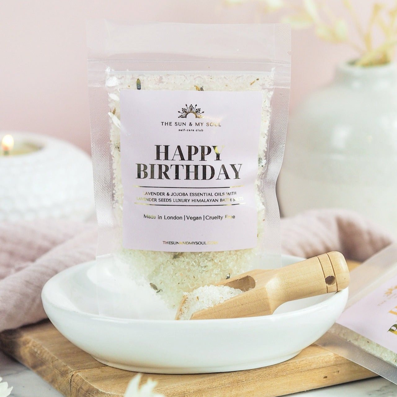 Happy Birthday Luxury Himalayan Bath Salts with Lavender, Jojoba Essential Oils with Lavender Seeds - Herbalshire Handmade Herbal Products