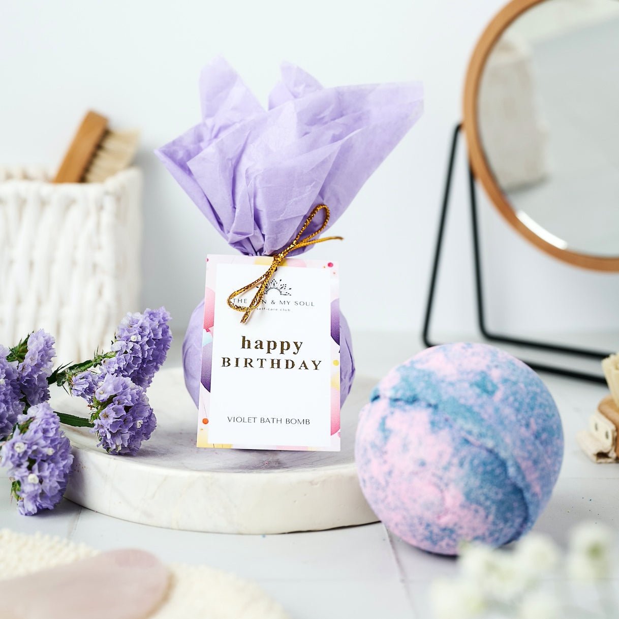 Happy Birthday - Yorkshire Violet Birthday Bath Bomb Floral Soak - Herbalshire Handmade Herbal Products