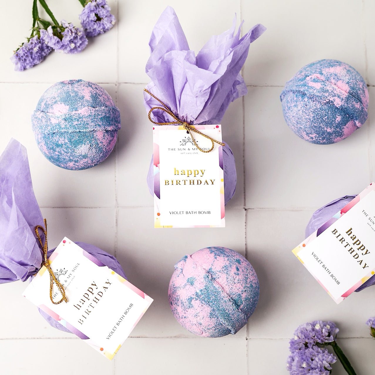 Happy Birthday - Yorkshire Violet Birthday Bath Bomb Floral Soak - Herbalshire Handmade Herbal Products