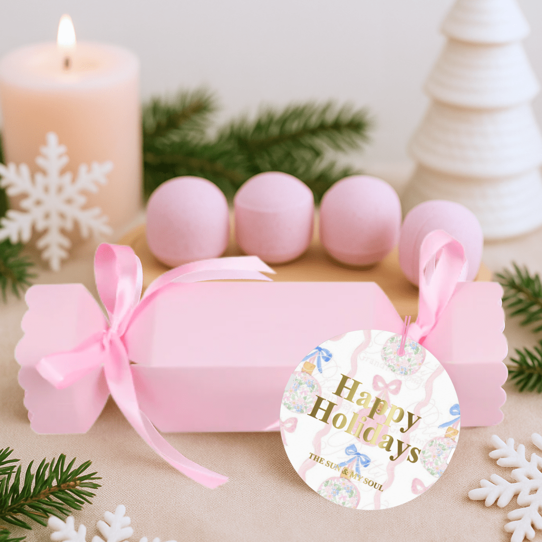 Happy Holidays Pink Christmas Cracker Bath Bomb Gift – Floral Scent (Set of 4) - Herbalshire Handmade Herbal Products