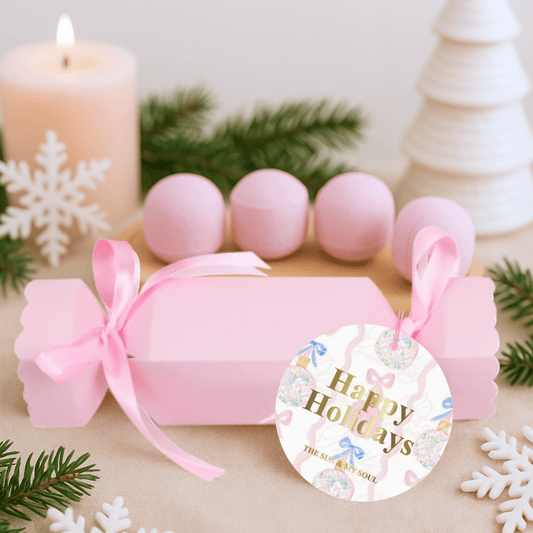 Happy Holidays Pink Christmas Cracker Bath Bomb Gift – Floral Scent (Set of 4) - Herbalshire Handmade Herbal Products