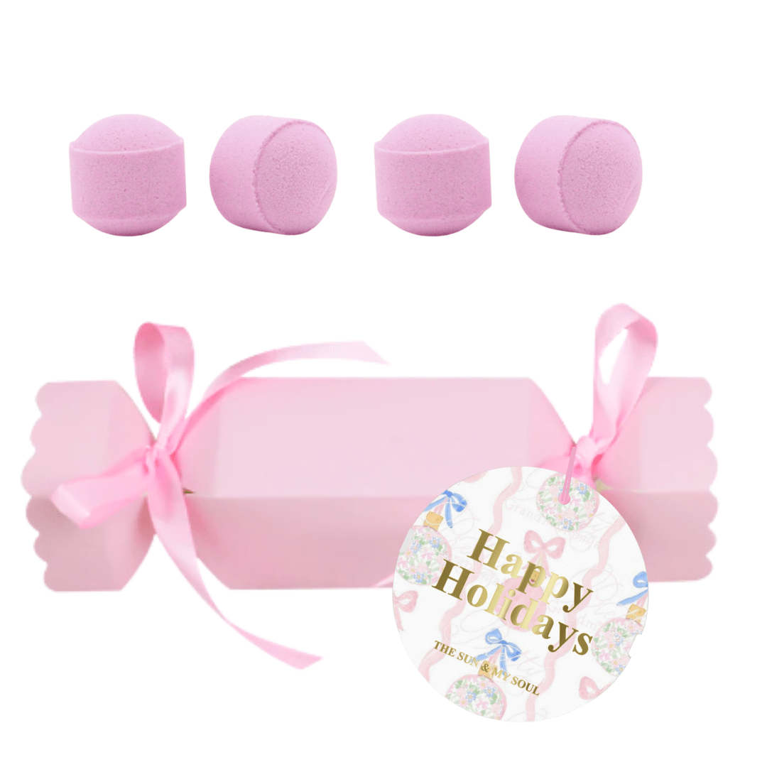 Happy Holidays Pink Christmas Cracker Bath Bomb Gift – Floral Scent (Set of 4) - Herbalshire Handmade Herbal Products