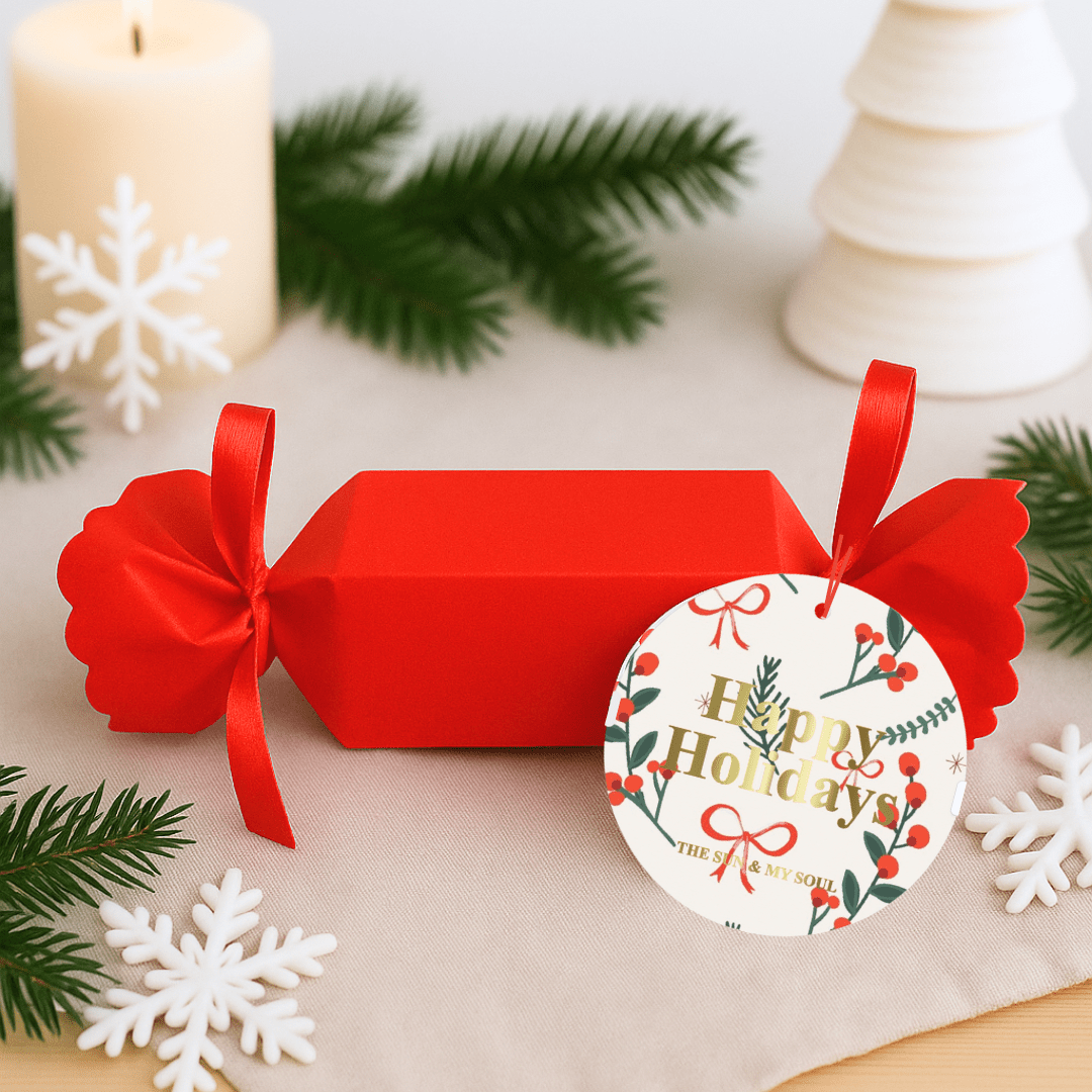 Happy Holidays Red Christmas Cracker Bath Bomb Gift – Raspberry Scent (Set of 4) - Herbalshire Handmade Herbal Products